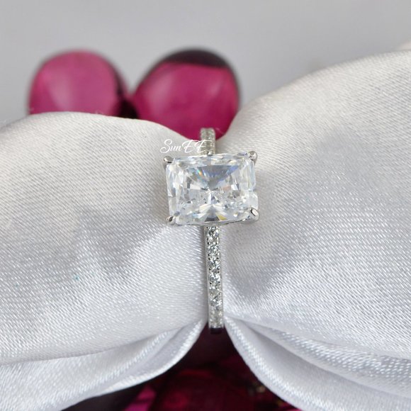 NEW 925 STERLING SILVER RADIANT CUT WEDDING ENGAGEMENT DIAMOND RING - Picture 2 of 6